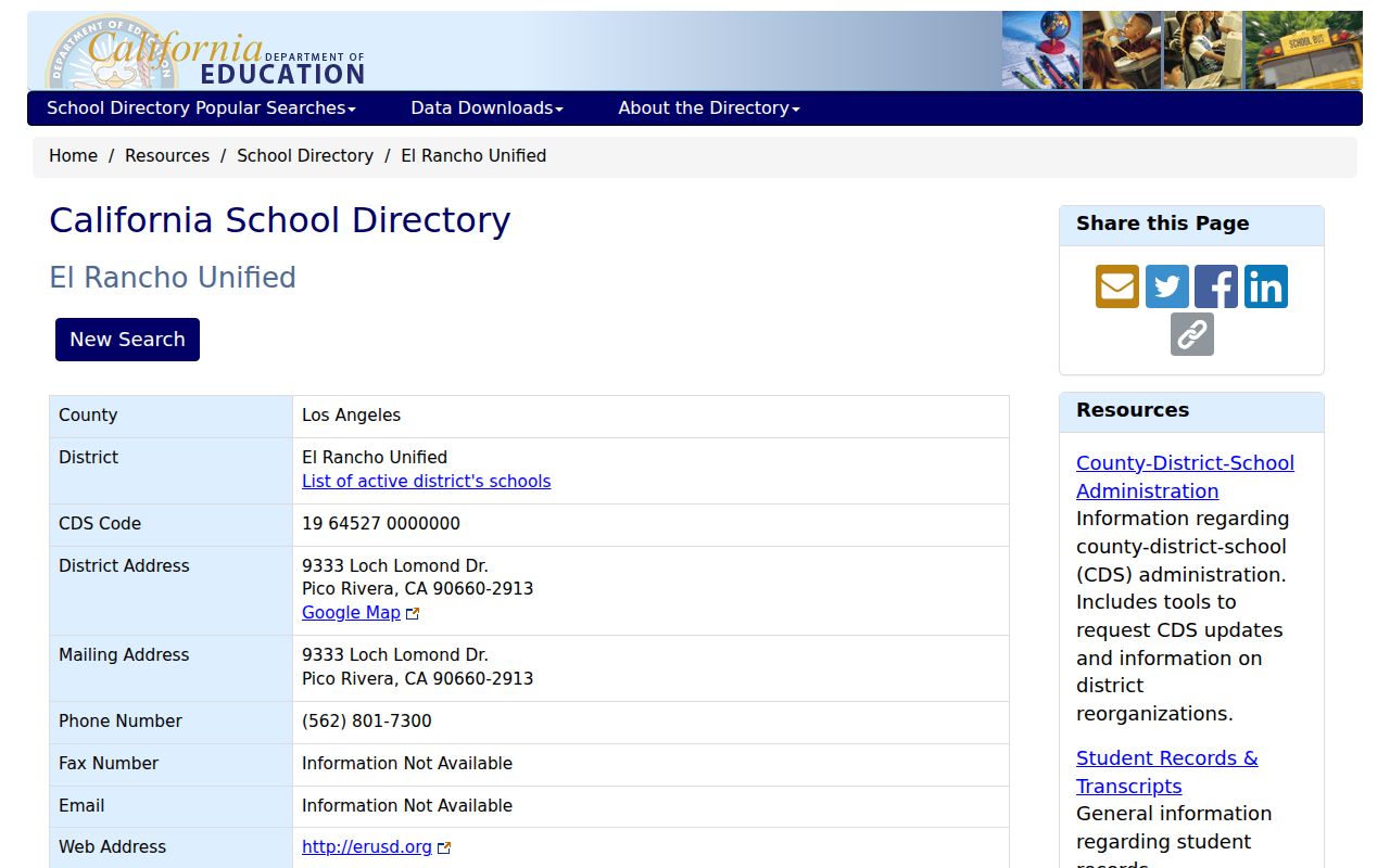Pico Rivera people directories entry for El Rancho Unified in California's school directory