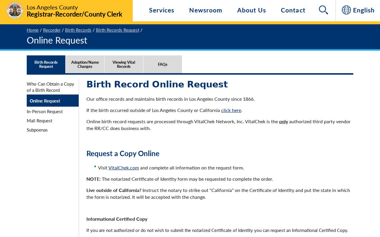Pico Rivera public records birth certificate request page