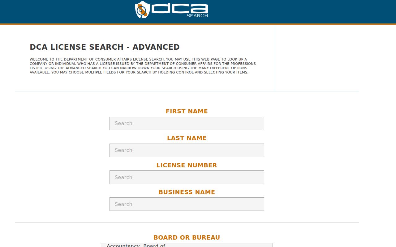 Pico Rivera public records professional license search fields